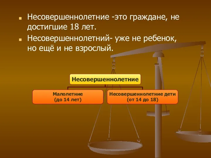 Несовершеннолетние -это граждане, не достигшие 18 лет. Несовершеннолетний- уже не ребенок, но ещё и не взрослый.