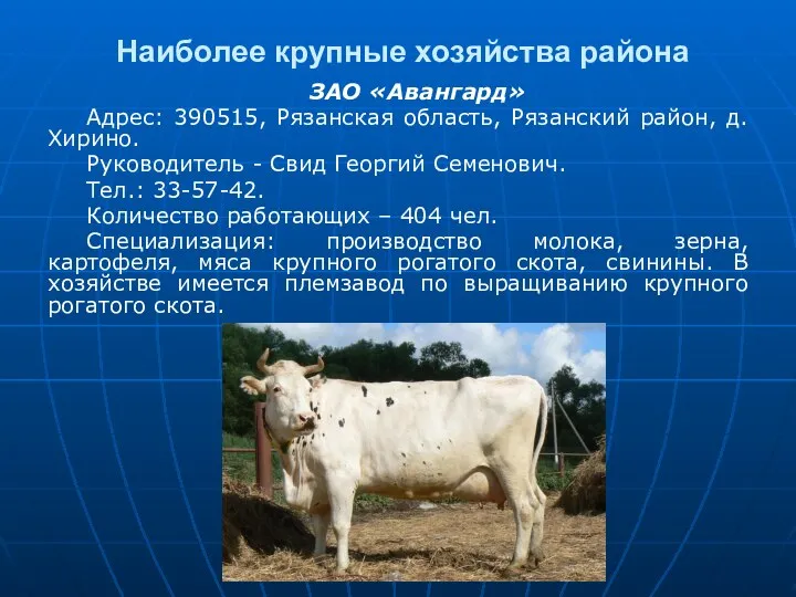 Наиболее крупные хозяйства района ЗАО «Авангард» Адрес: 390515, Рязанская область, Рязанский