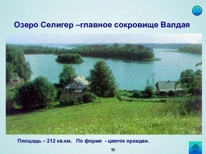 Озеро Селигер –главное сокровище Валдая Площадь – 212 кв.км. По форме - цветок орхидеи.