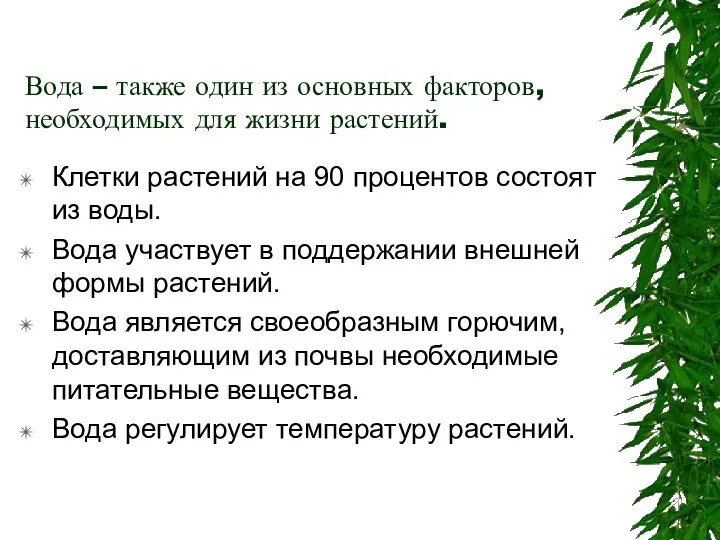 Вода – также один из основных факторов, необходимых для жизни растений.