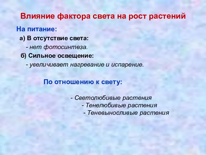 Влияние фактора света на рост растений На питание: а) В отсутствие