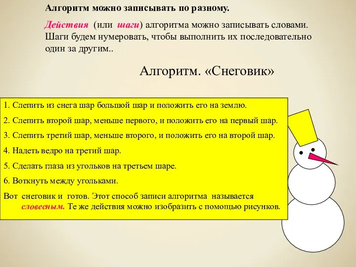 Алгоритм можно записывать по разному. Действия (или шаги) алгоритма можно записывать