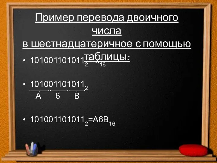 Пример перевода двоичного числа в шестнадцатеричное с помощью таблицы: 1010011010112= х16 1010011010112 А 6 В 1010011010112=А6В16