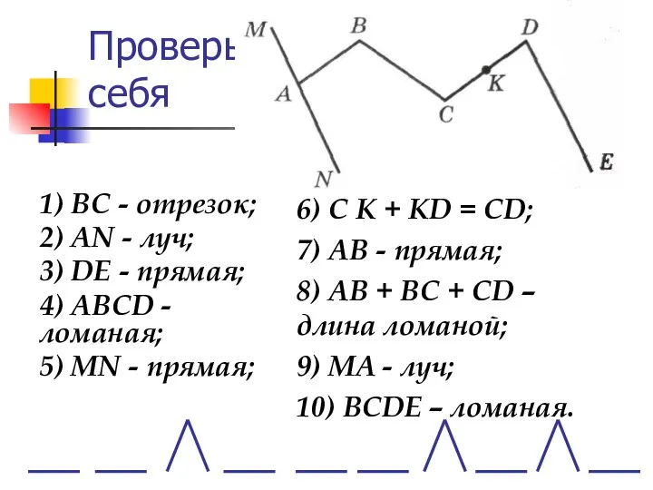 Проверь себя 1) ВС - отрезок; 2) AN - луч; 3)