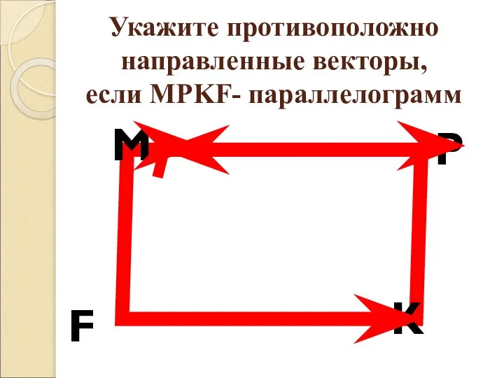 Укажите противоположно направленные векторы, если MPKF- параллелограмм M P K F