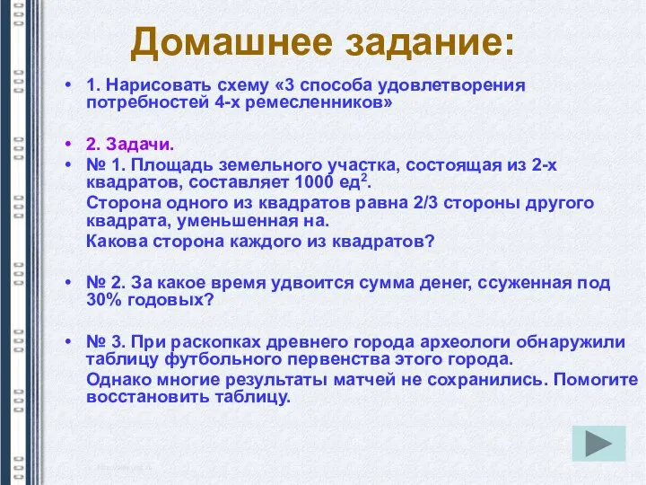 Домашнее задание: 1. Нарисовать схему «3 способа удовлетворения потребностей 4-х ремесленников»