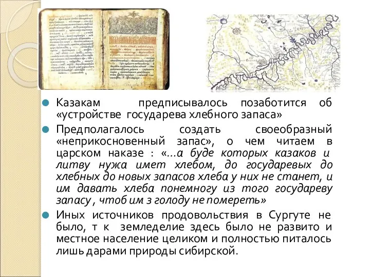 Казакам предписывалось позаботится об «устройстве государева хлебного запаса» Предполагалось создать своеобразный