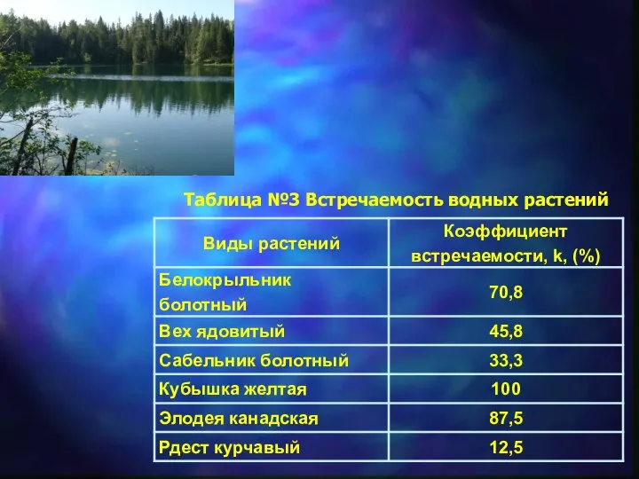 Таблица №3 Встречаемость водных растений