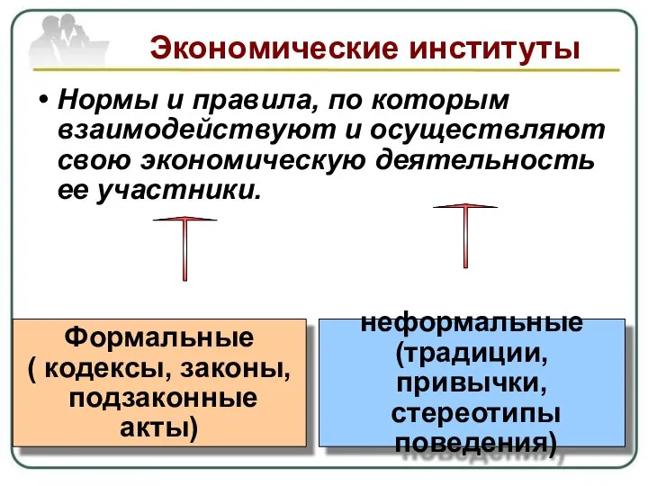 Экономические институты Нормы и правила, по которым взаимодействуют и осуществляют свою