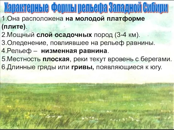 Характерные Формы рельефа Западной Сибири 1.Она расположена на молодой платформе (плите).