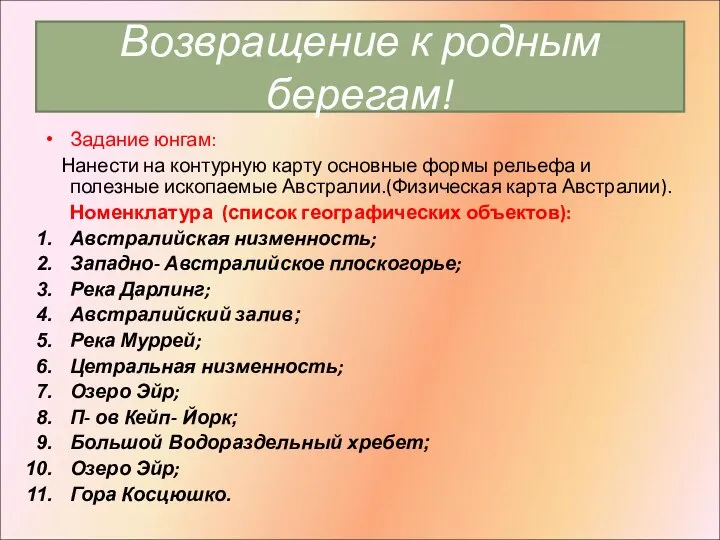 Возвращение к родным берегам! Задание юнгам: Нанести на контурную карту основные