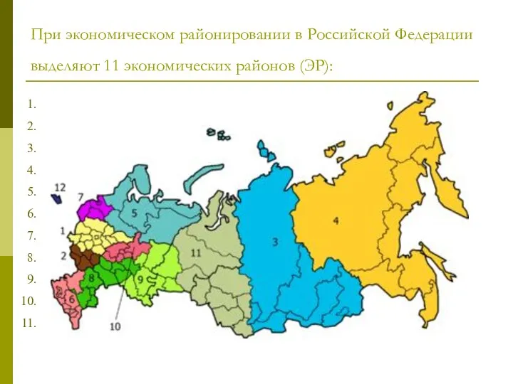 При экономическом районировании в Российской Федерации выделяют 11 экономических районов (ЭР):