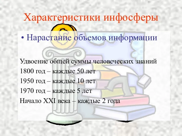 Характеристики инфосферы Нарастание объемов информации Удвоение общей суммы человеческих знаний 1800