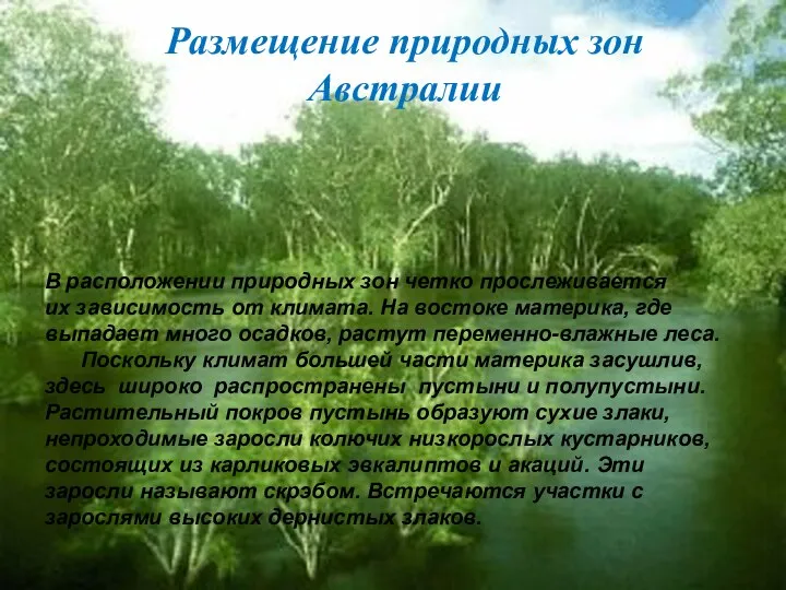 Размещение природных зон Австралии В расположении природных зон четко прослеживается их