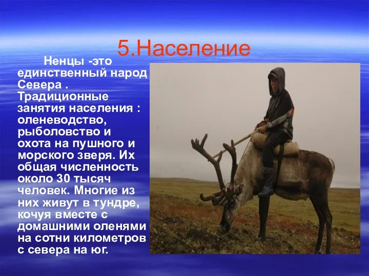 5.Население Ненцы -это единственный народ Севера . Традиционные занятия населения :