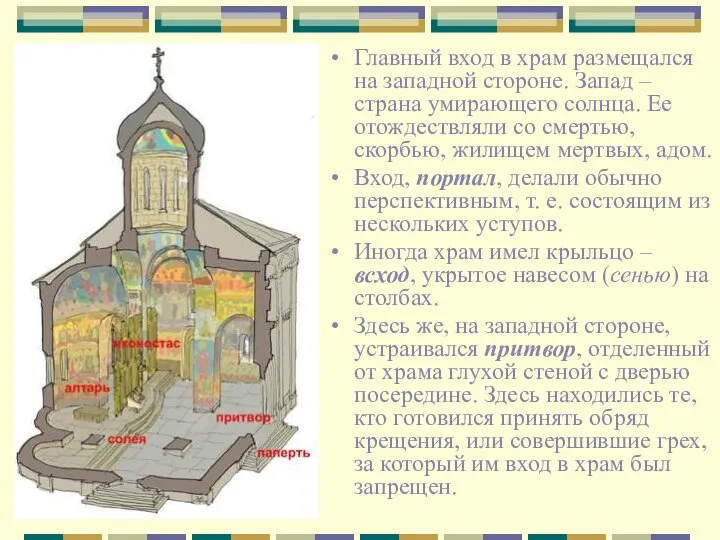 Главный вход в храм размещался на западной стороне. Запад – страна