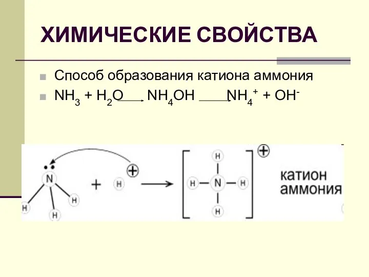 ХИМИЧЕСКИЕ СВОЙСТВА Способ образования катиона аммония NH3 + Н2O NH4OH NH4+ + OH-