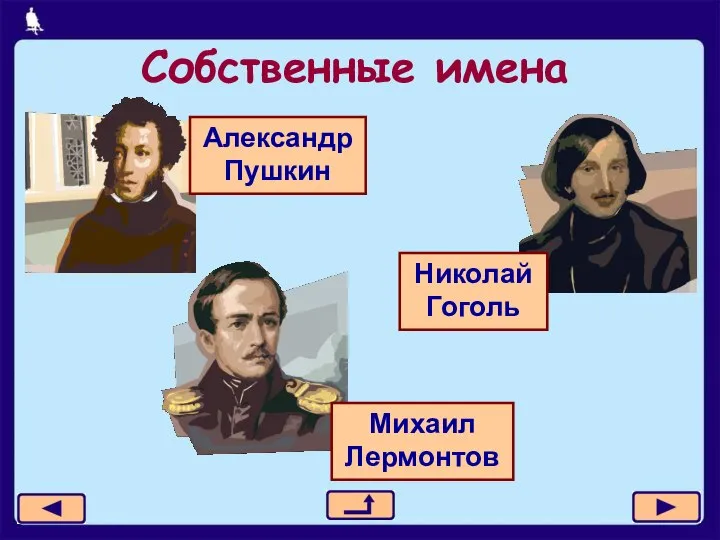 Собственные имена Александр Пушкин Михаил Лермонтов Николай Гоголь