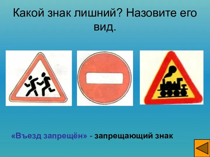 Какой знак лишний? Назовите его вид. «Въезд запрещён» - запрещающий знак