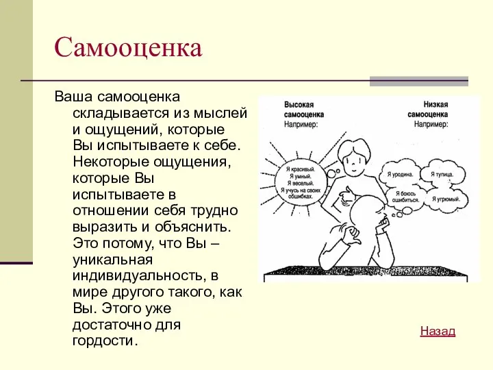 Самооценка Ваша самооценка складывается из мыслей и ощущений, которые Вы испытываете