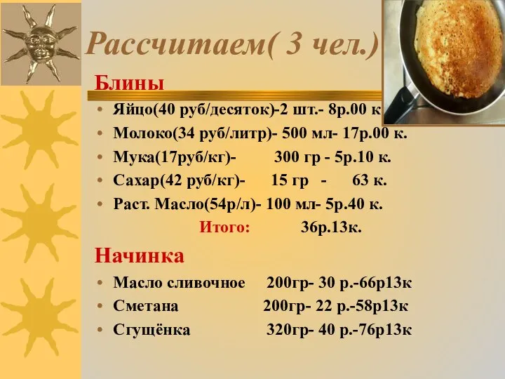 Рассчитаем( 3 чел.) Блины Яйцо(40 руб/десяток)-2 шт.- 8р.00 к. Молоко(34 руб/литр)-