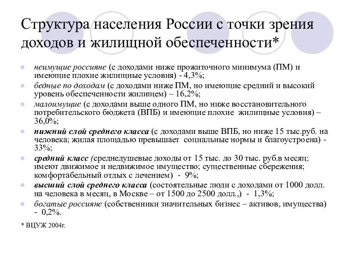 Структура населения России с точки зрения доходов и жилищной обеспеченности* неимущие