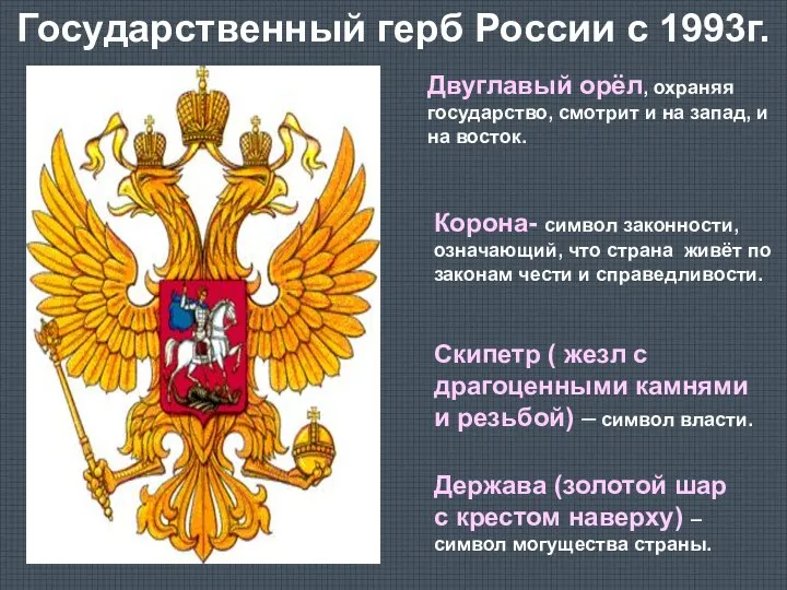 Государственный герб России с 1993г. Двуглавый орёл, охраняя государство, смотрит и