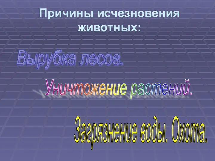 Причины исчезновения животных: Вырубка лесов. Уничтожение растений. Загрязнение воды. Охота.