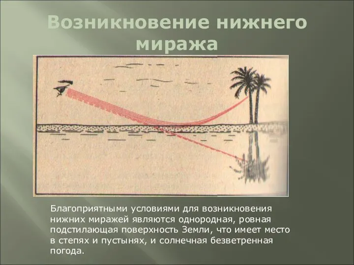 Возникновение нижнего миража Благоприятными условиями для возникновения нижних миражей являются однородная,