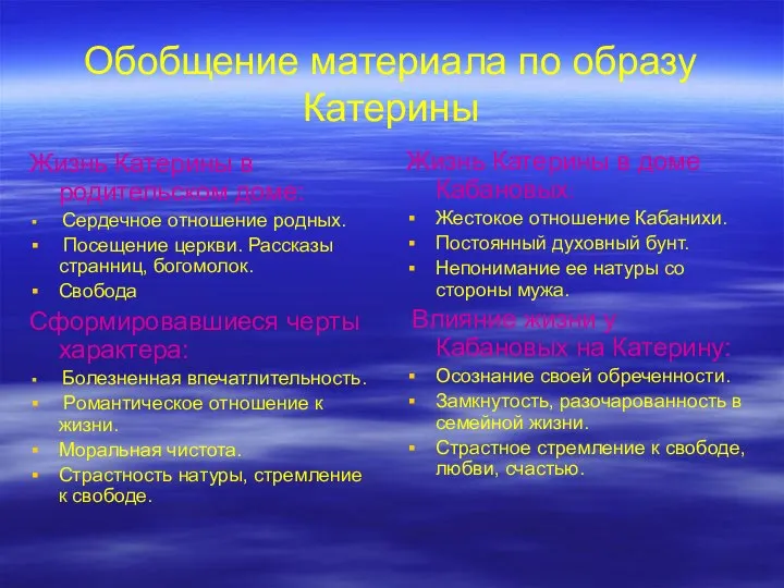 Обобщение материала по образу Катерины Жизнь Катерины в родительском доме: Сердечное