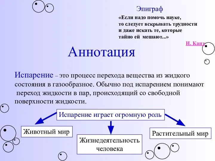 Эпиграф Аннотация Испарение – это процесс перехода вещества из жидкого состояния