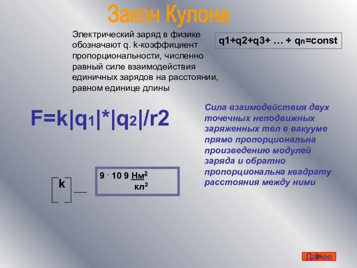 Электрический заряд в физике обозначают q. k-коэффициент пропорциональности, численно равный силе