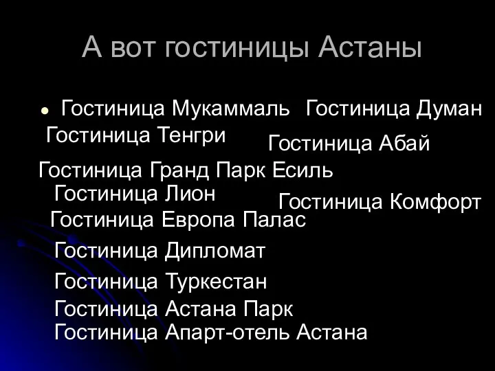 А вот гостиницы Астаны Гостиница Мукаммаль Гостиница Тенгри Гостиница Лион Гостиница