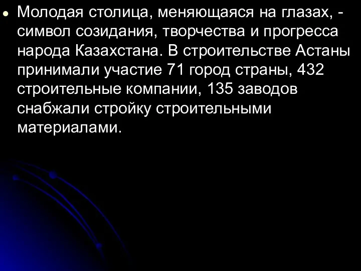 Молодая столица, меняющаяся на глазах, - символ созидания, творчества и прогресса