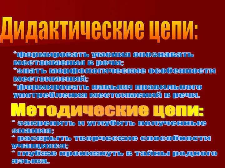 Дидактические цепи: *формировать умения опознавать местоимения в речи; *знать морфологические особенности