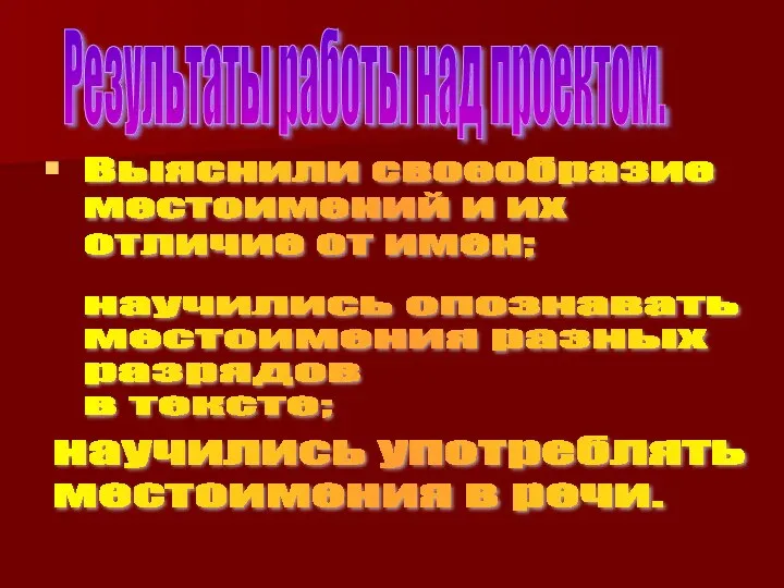 Результаты работы над проектом. Выяснили своеобразие местоимений и их отличие от