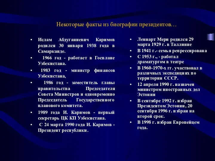 Некоторые факты из биографии президентов… Ислам Абдуганиевич Каримов родился 30 января