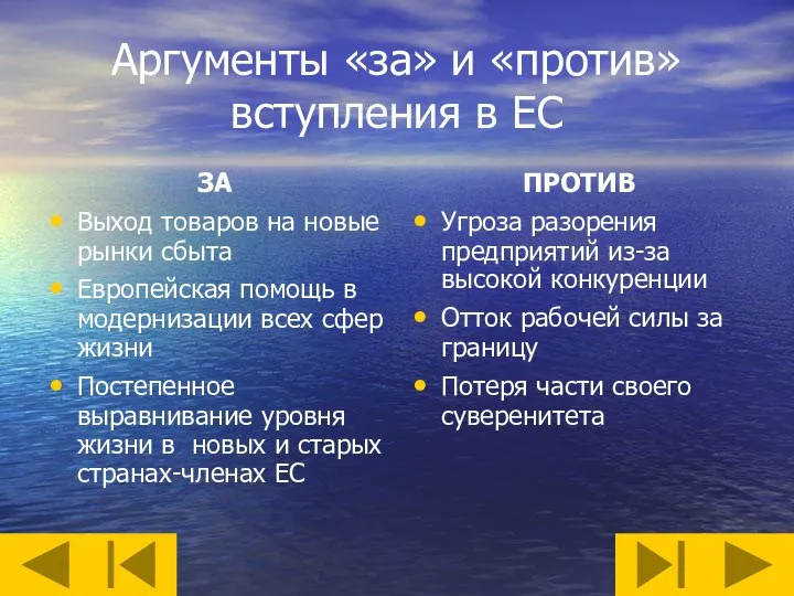 Аргументы «за» и «против» вступления в ЕС ЗА Выход товаров на