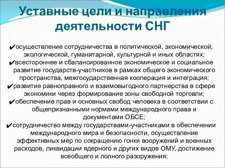 осуществление сотрудничества в политической, экономической, экологической, гуманитарной, культурной и иных областях;