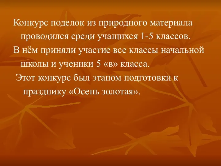 Конкурс поделок из природного материала проводился среди учащихся 1-5 классов. В