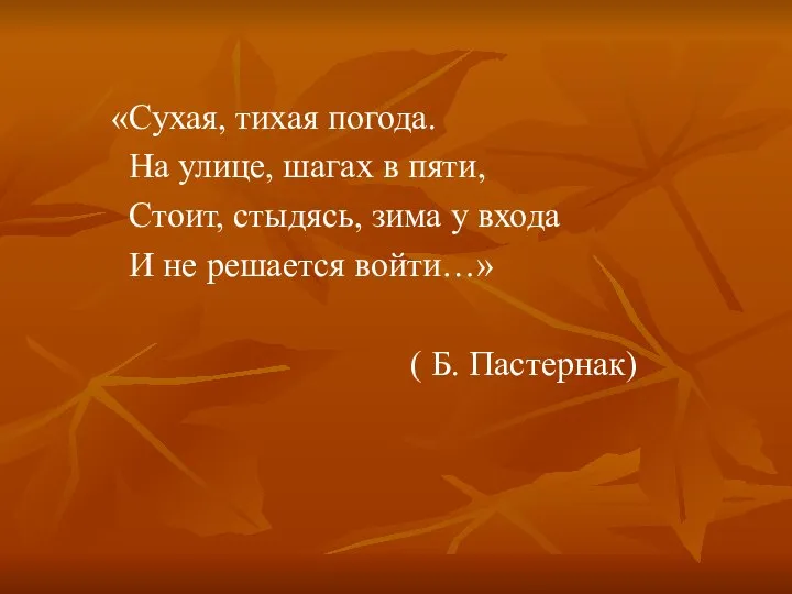 «Сухая, тихая погода. На улице, шагах в пяти, Стоит, стыдясь, зима