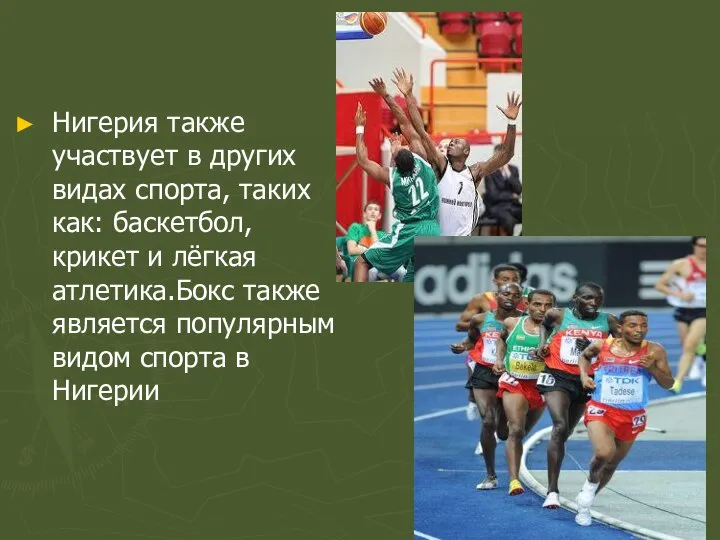 Нигерия также участвует в других видах спорта, таких как: баскетбол, крикет