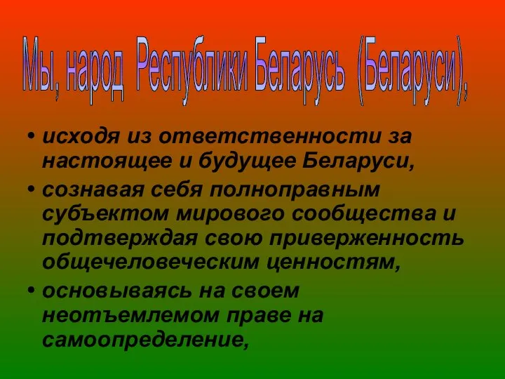 исходя из ответственности за настоящее и будущее Беларуси, сознавая себя полноправным