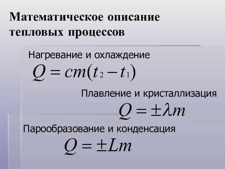 Математическое описание тепловых процессов Нагревание и охлаждение Плавление и кристаллизация Парообразование и конденсация