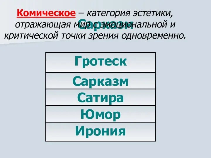 Сарказм Комическое – категория эстетики, отражающая мир с эмоциональной и критической точки зрения одновременно.