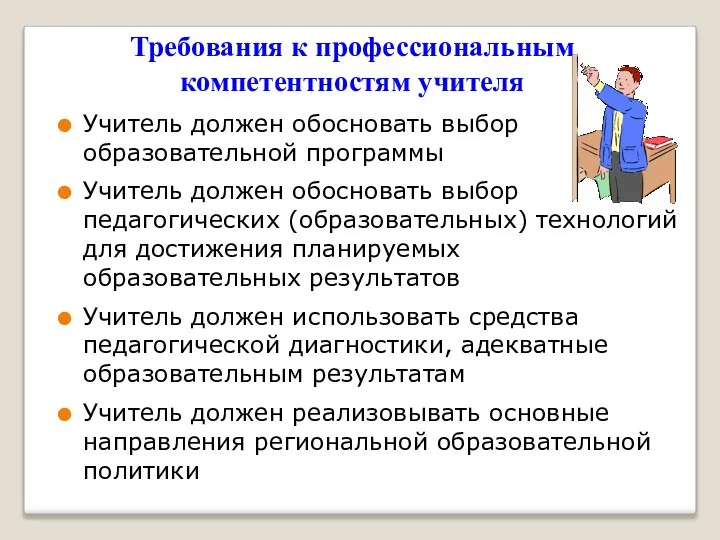 Требования к профессиональным компетентностям учителя Учитель должен обосновать выбор образовательной программы