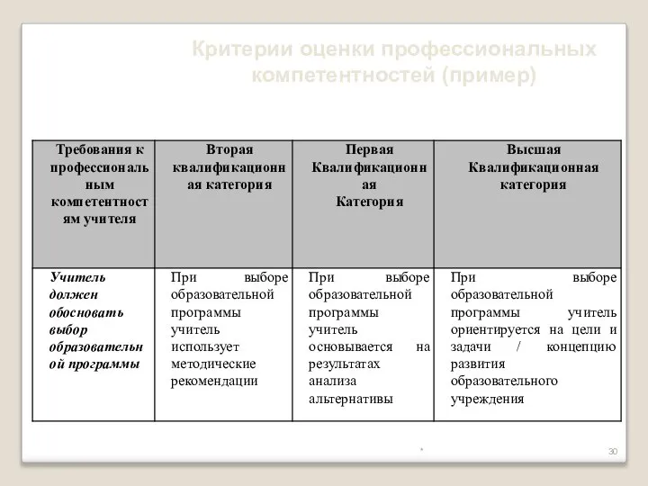 * Критерии оценки профессиональных компетентностей (пример)