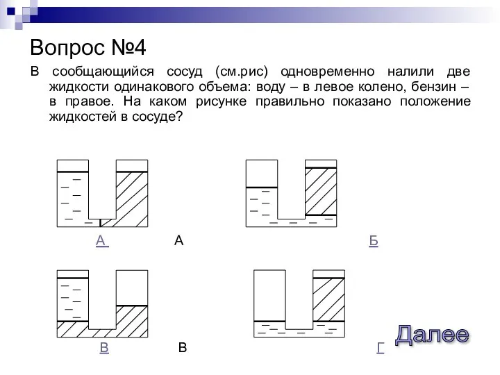 В сообщающийся сосуд (см.рис) одновременно налили две жидкости одинакового объема: воду