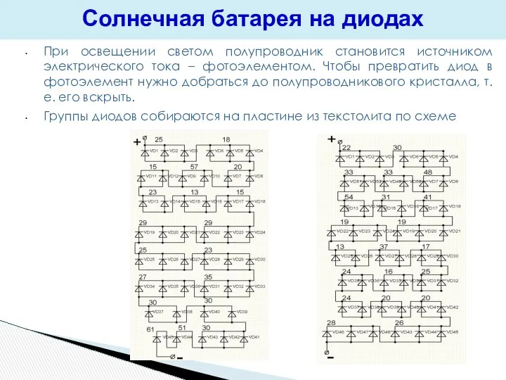 Солнечная батарея на диодах При освещении светом полупроводник становится источником электрического