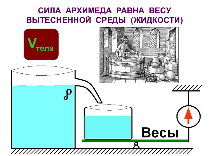 СИЛА АРХИМЕДА РАВНА ВЕСУ ВЫТЕСНЕННОЙ СРЕДЫ (ЖИДКОСТИ) V тела